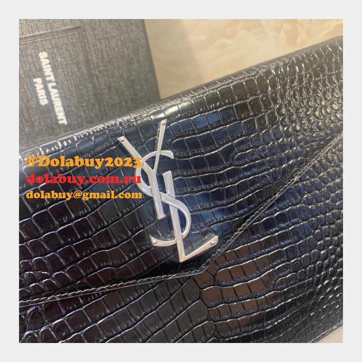 YSL Top Quality Clutch in embossed crocodile shiny black leather