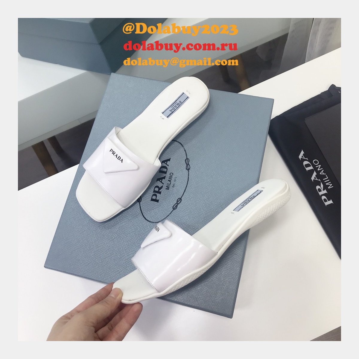 Replica  Prada Leather Logo Flat Slide Sandals