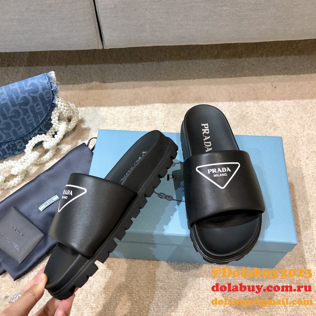 Replica Prada Black And White Leather slides