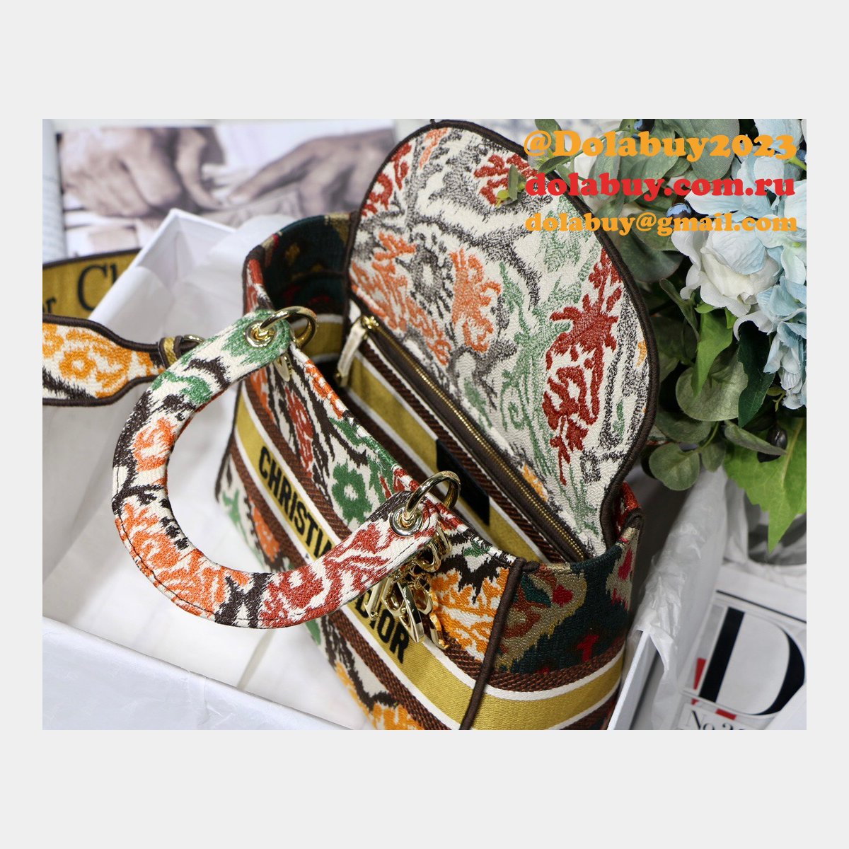 Lady Knockoff Dior 24cm Yellow Multicolor Christian Paisley Embroidery