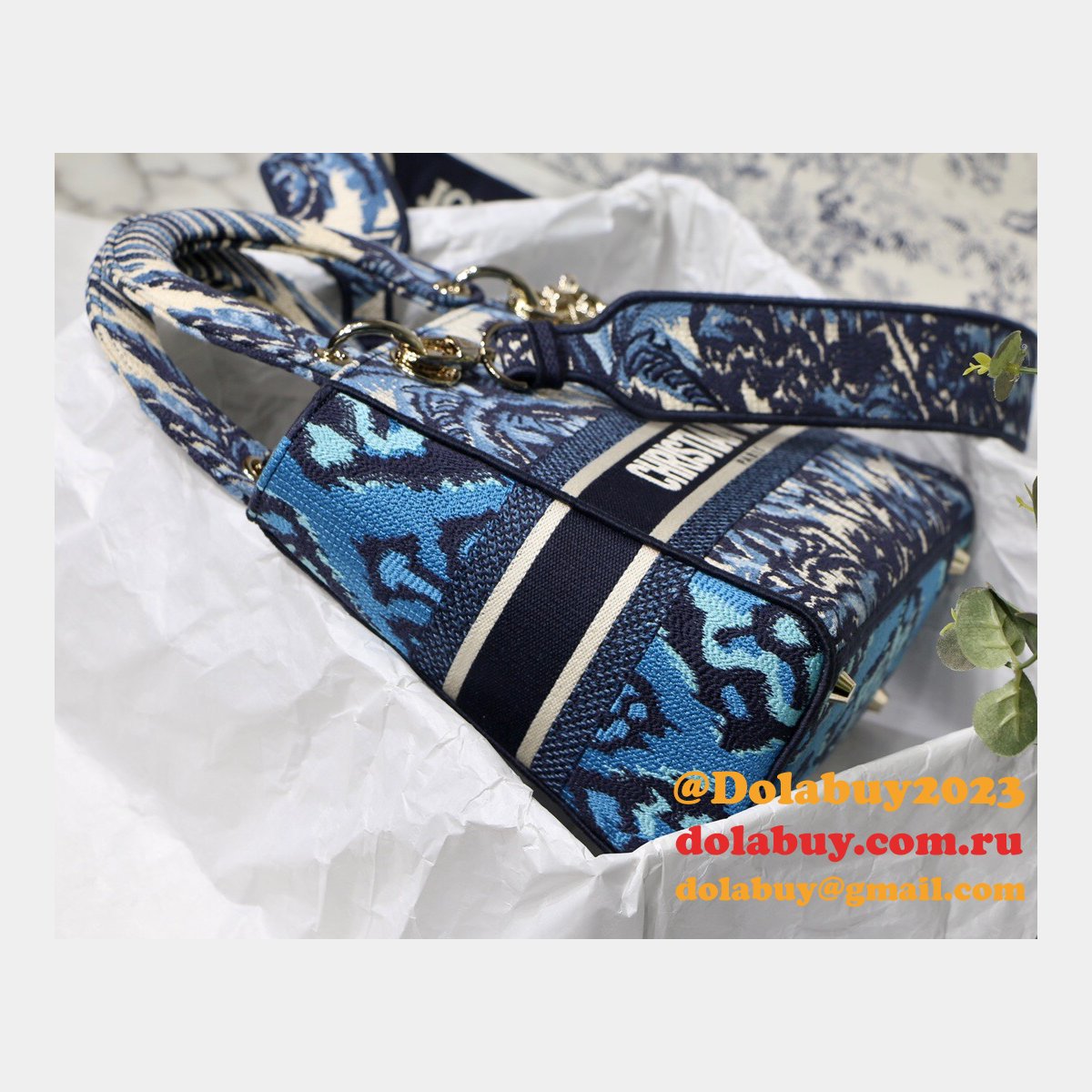 Blue Top QualityLady Dior 24cm Palms Embroidery Lady D-Lite Bags