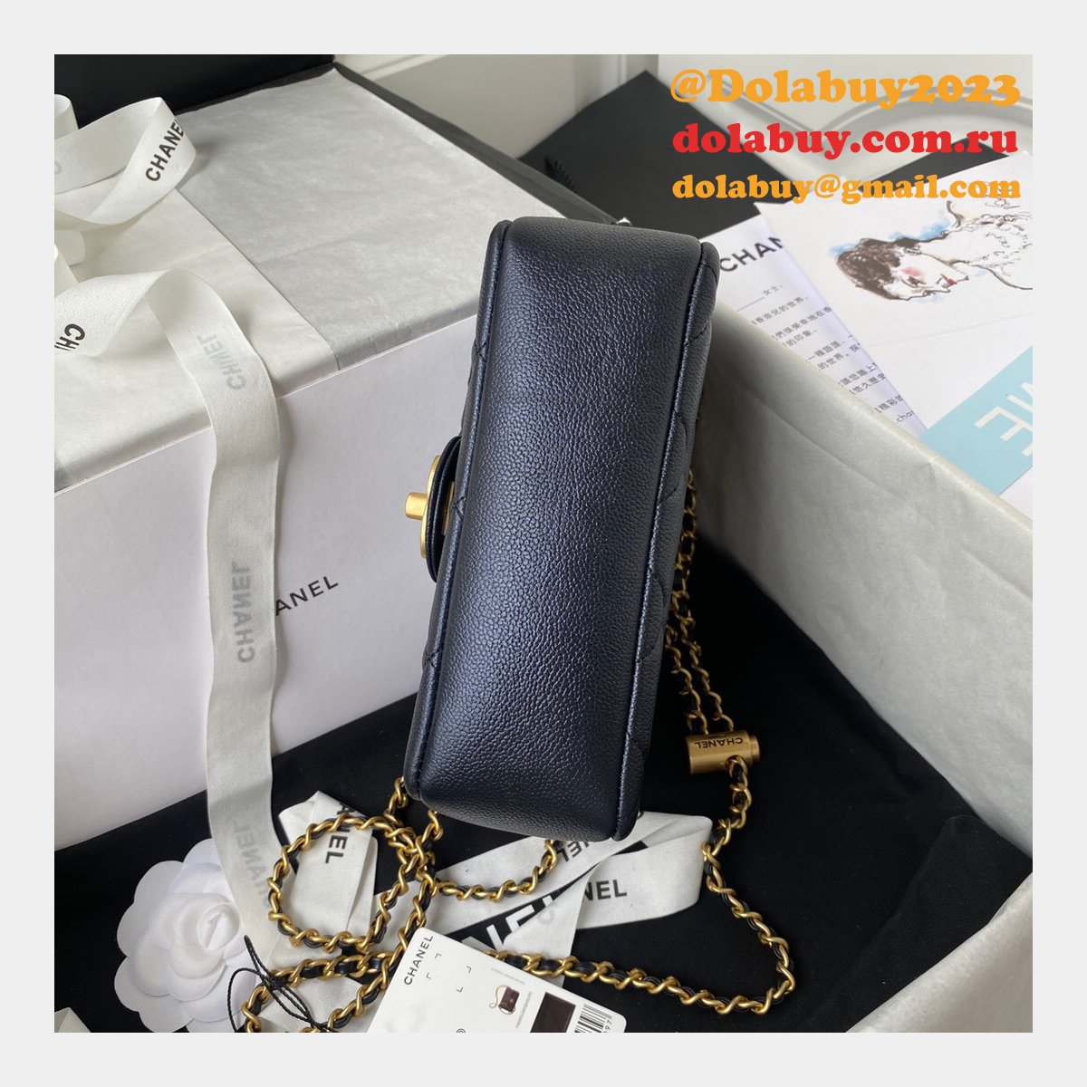 High Quality Designer Replica Mini AS2855 Flap Bag Iridescent Grained Calfskin & Gold-Tone Metal