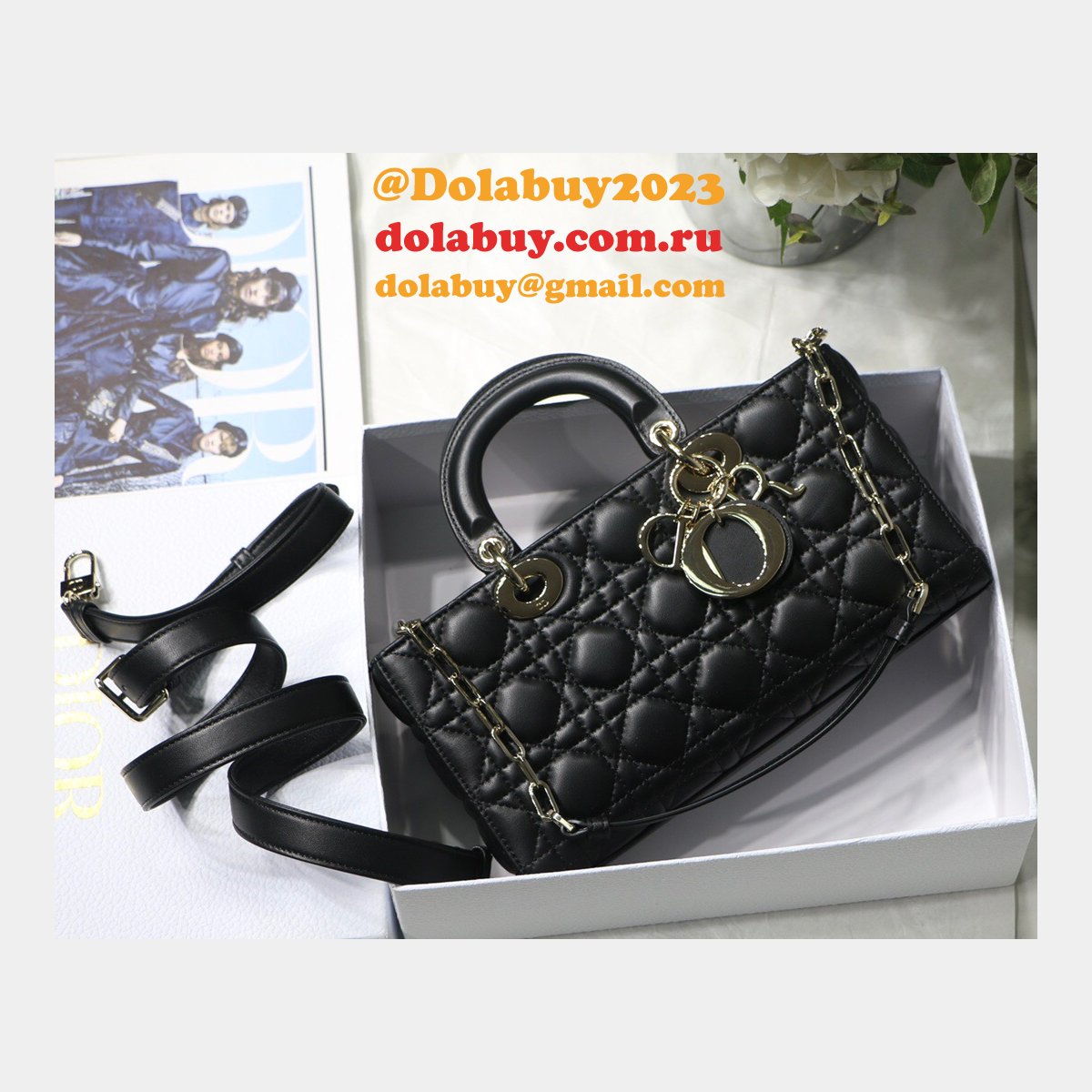 Dior High Quality Replica Black/White Lady Dior Cannage Tech Pouch 26cm