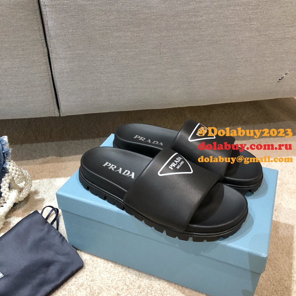 Replica Prada Black And White Leather slides