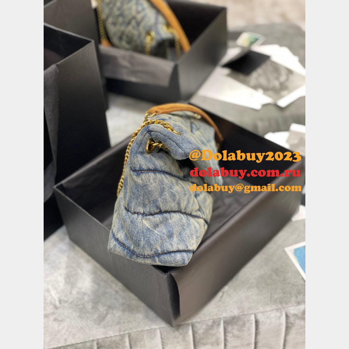 Saint Laurent Cheap Toy Loulou Puffer Matelassé Denim Bag