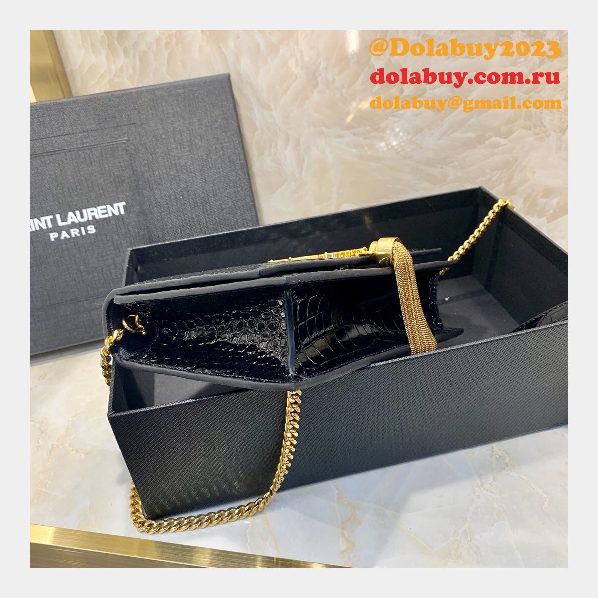 Replicas YSL Monogram chain wallet black 19cm grain de poudre