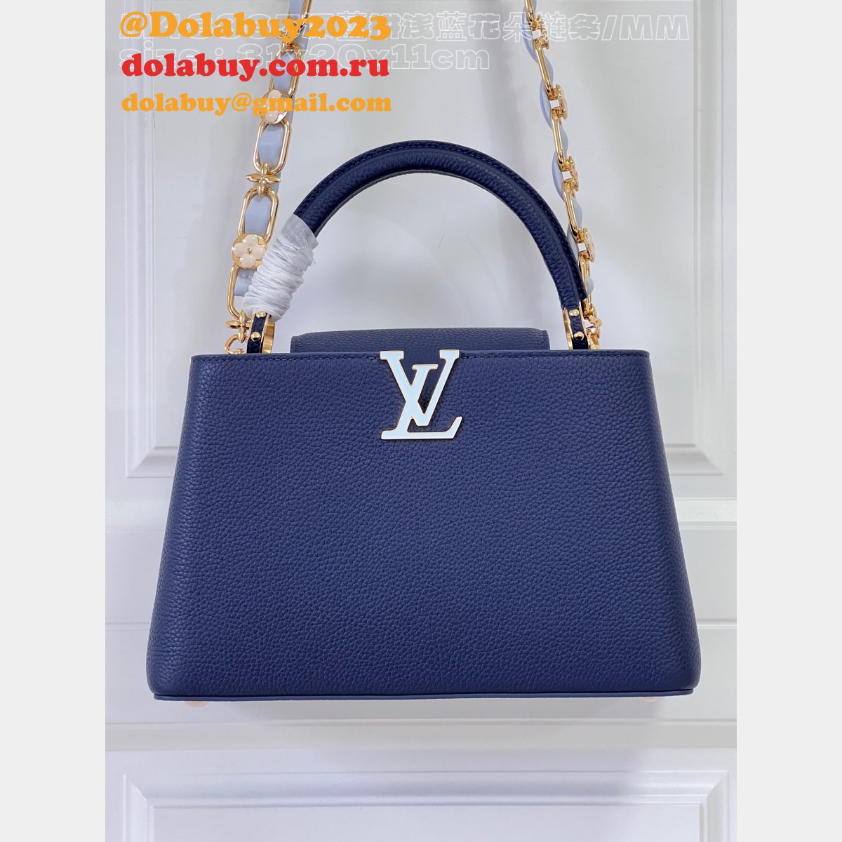 Louis Vuitton M48865 Dark Blue Light Flower Chain Capucines Replica Handbag