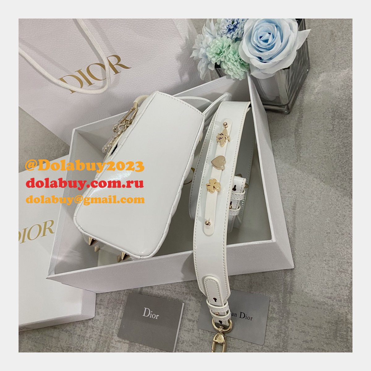 Best DIOR LADY Wholesale PATENT LEATHER HANDBAG 20cm white