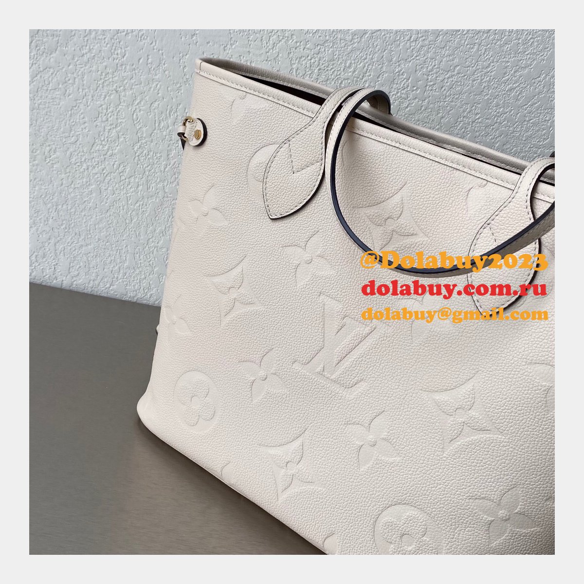 Louis Vuitton M45684 Designer Neverfull MM Monogram Empreinte Leather Cream