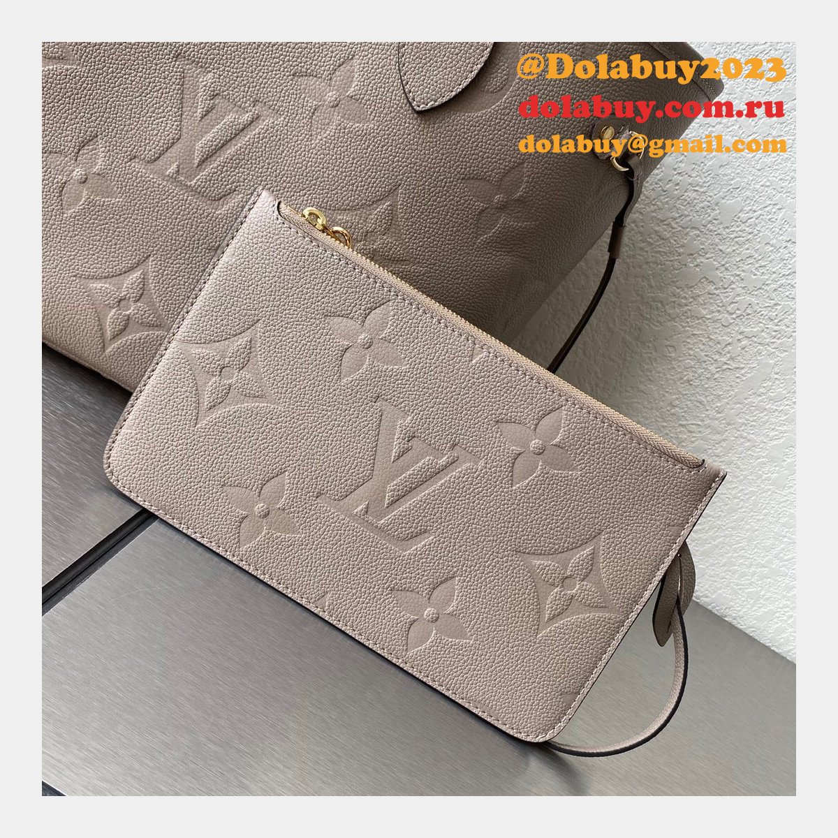 Louis Vuitton M45686 Knockoff Neverfull MM Monogram Empreinte Leather Tourterelle Gray