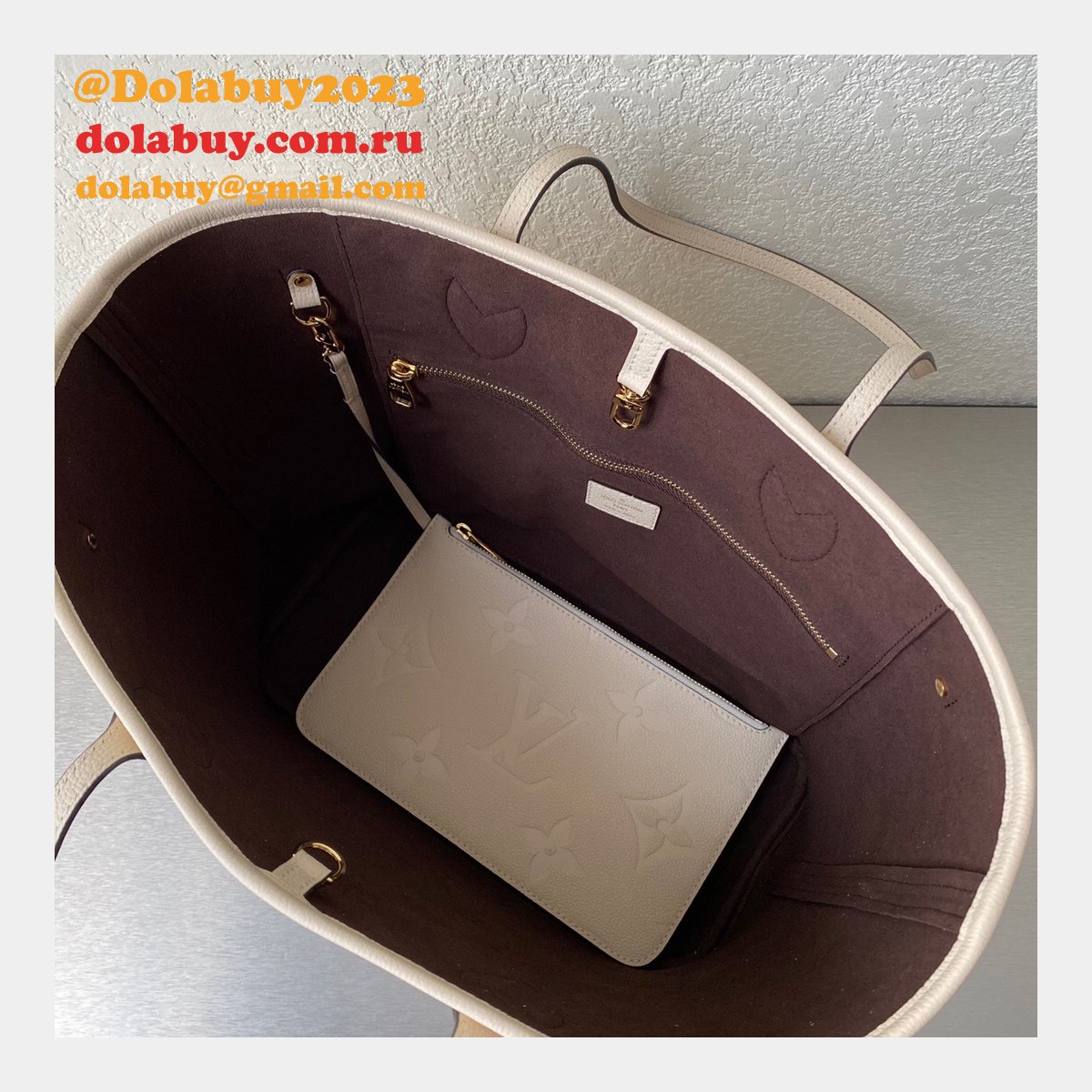 Louis Vuitton M45684 Designer Neverfull MM Monogram Empreinte Leather Cream