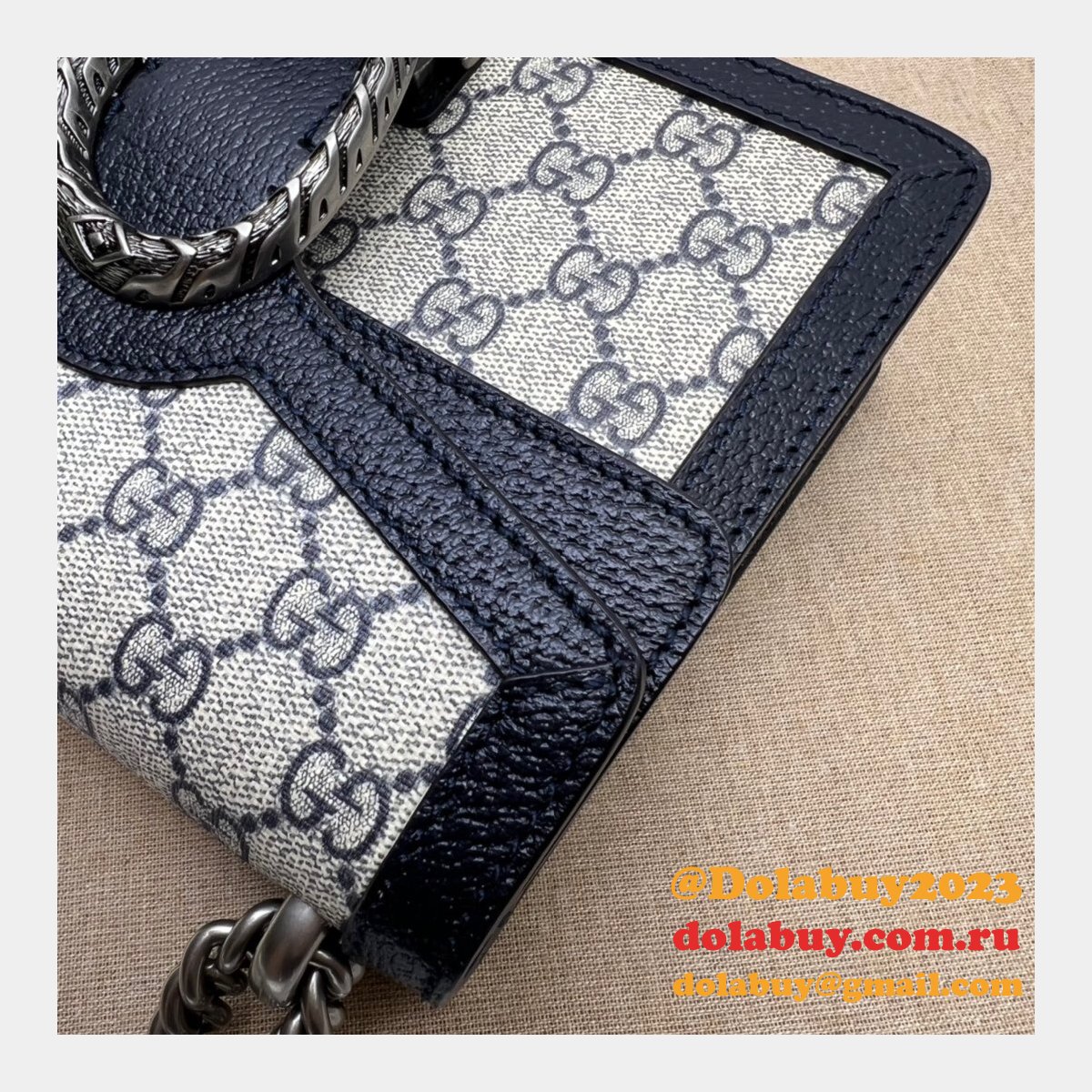 Gucci Fake 421970 GG Supreme Dionysus Mini Bag With dark blue Leather For Sale