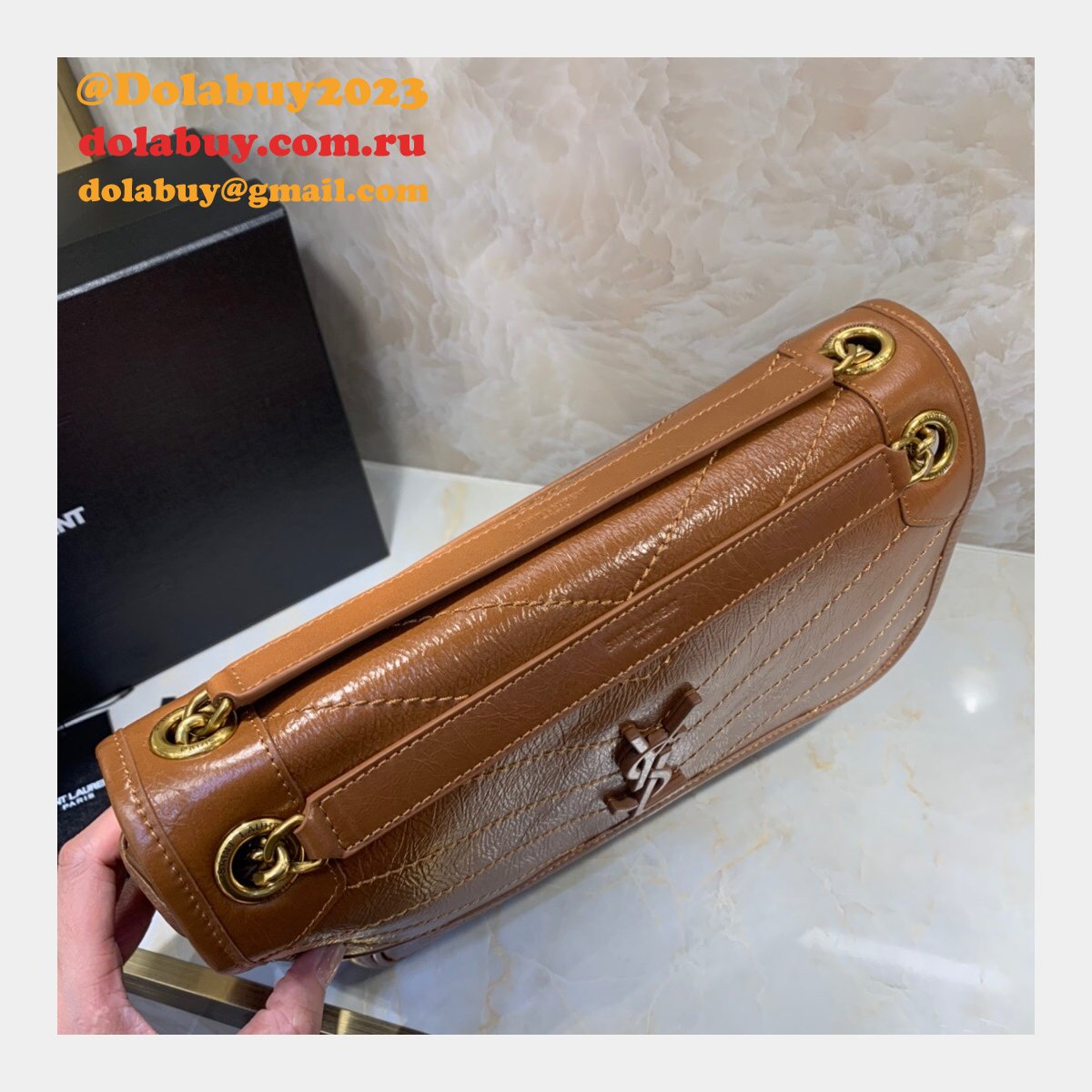 Buy Online YSL Nikki 28cm 498894 Stitch Flap Brown Bag