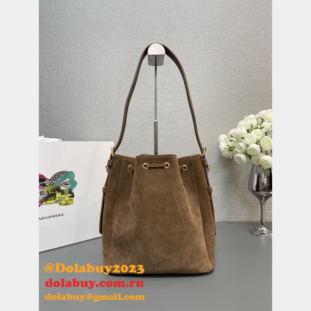 Top Quality 1:1 Mirror Prada Suede Bucket Bag 1BE079