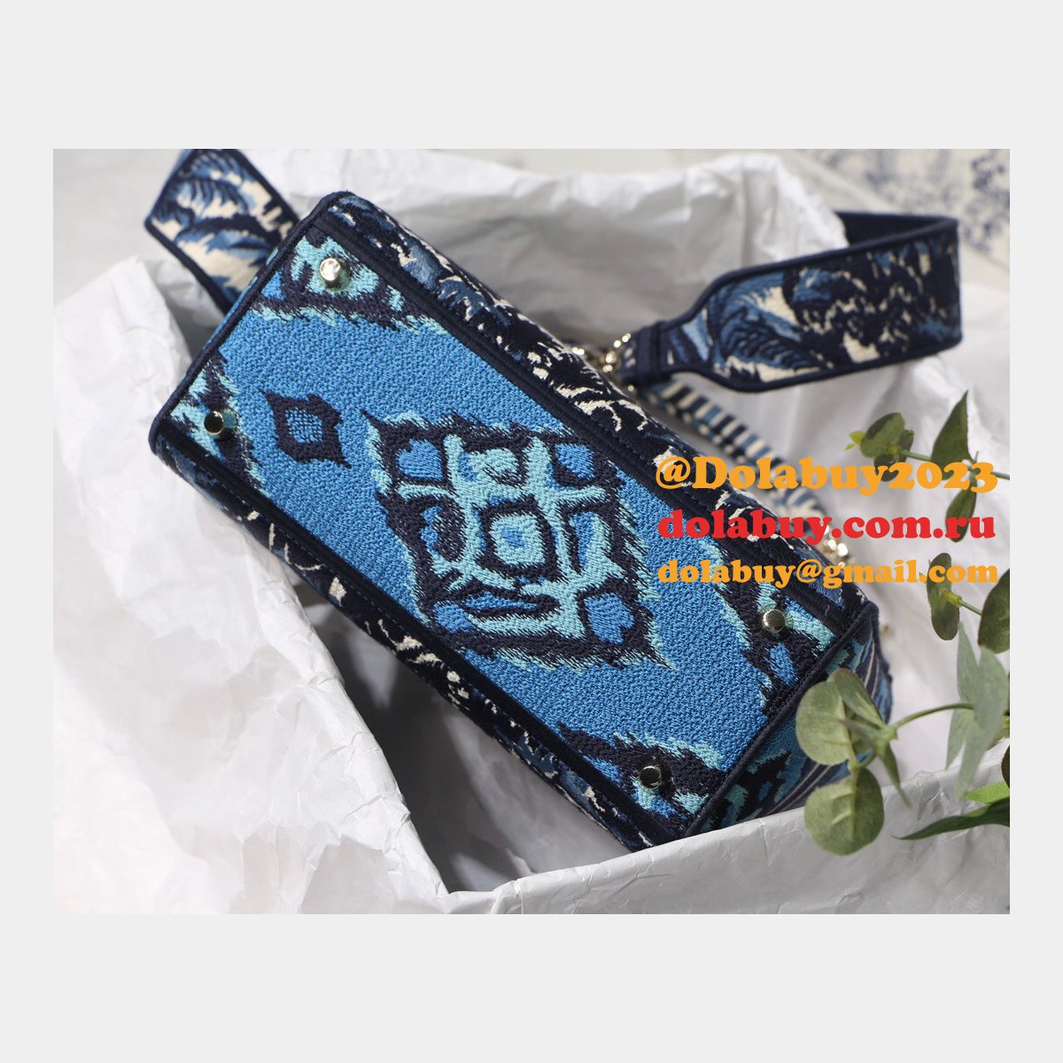 Blue Top QualityLady Dior 24cm Palms Embroidery Lady D-Lite Bags