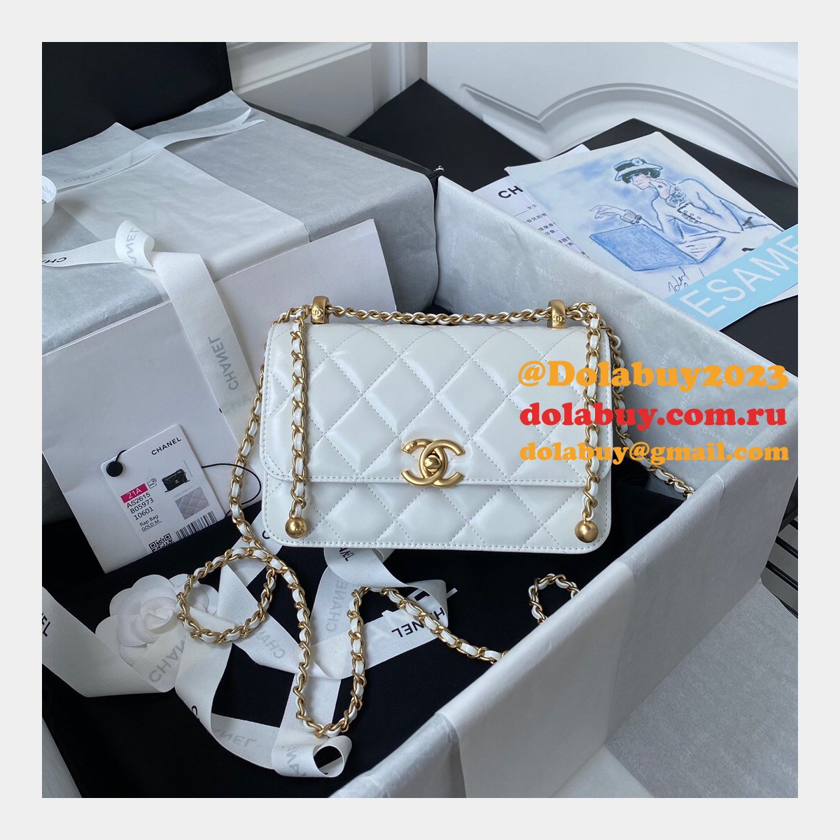 Designer Replica Calfskin & Gold-Tone Metal White Mini Flap AS2615 Bag