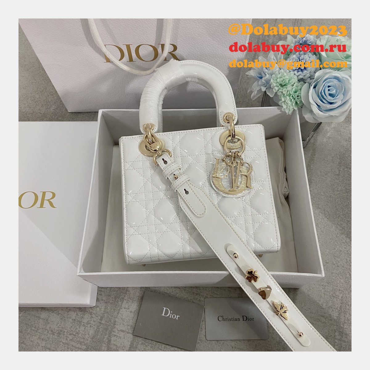 Best DIOR LADY Wholesale PATENT LEATHER HANDBAG 20cm white
