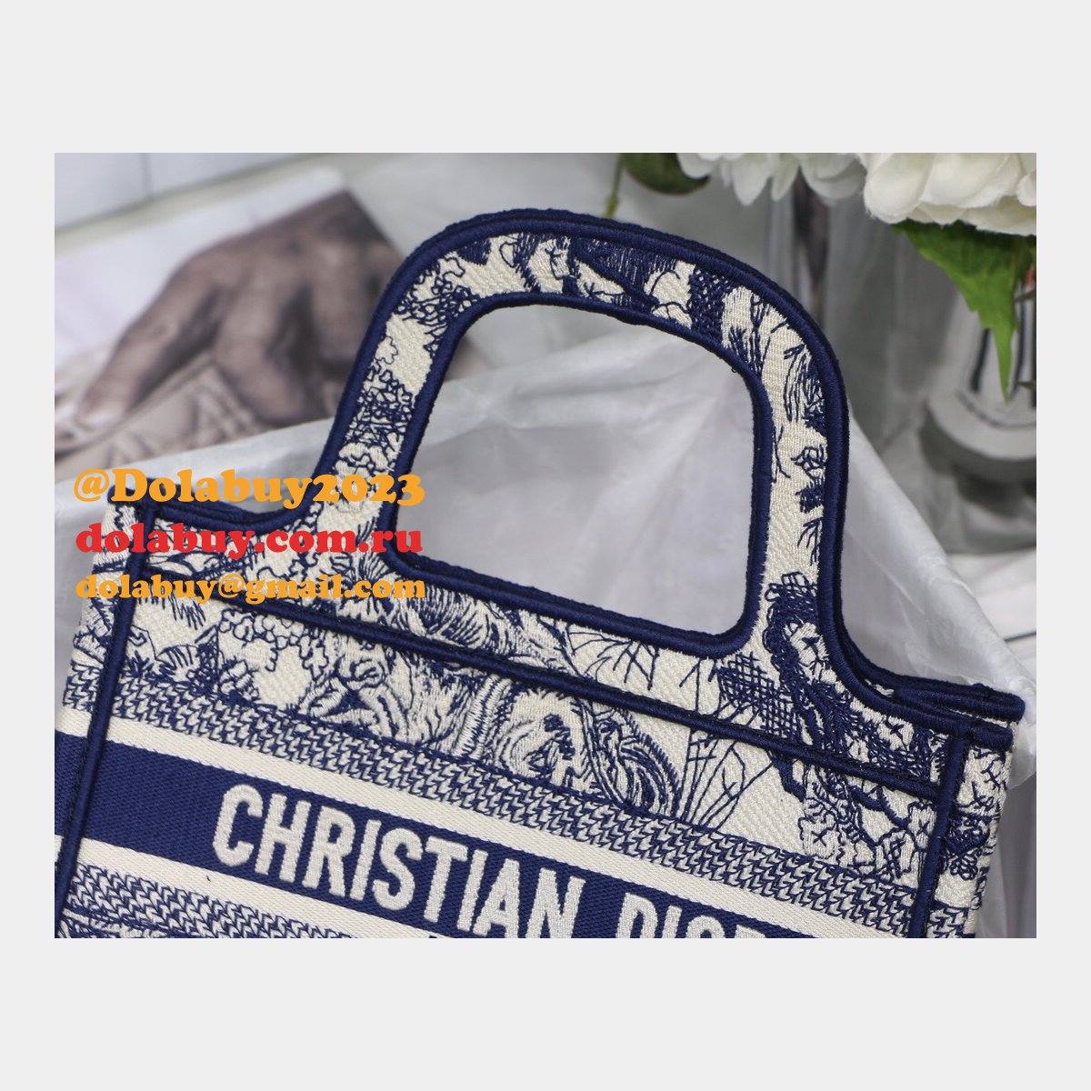 Top Quality Dior Replica Mini Book Tote Bag 22CM Canvas Embroidered
