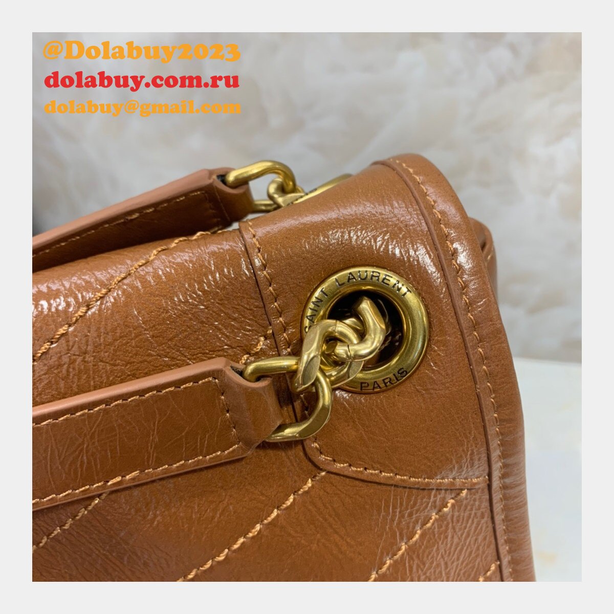 Buy Online YSL Nikki 28cm 498894 Stitch Flap Brown Bag