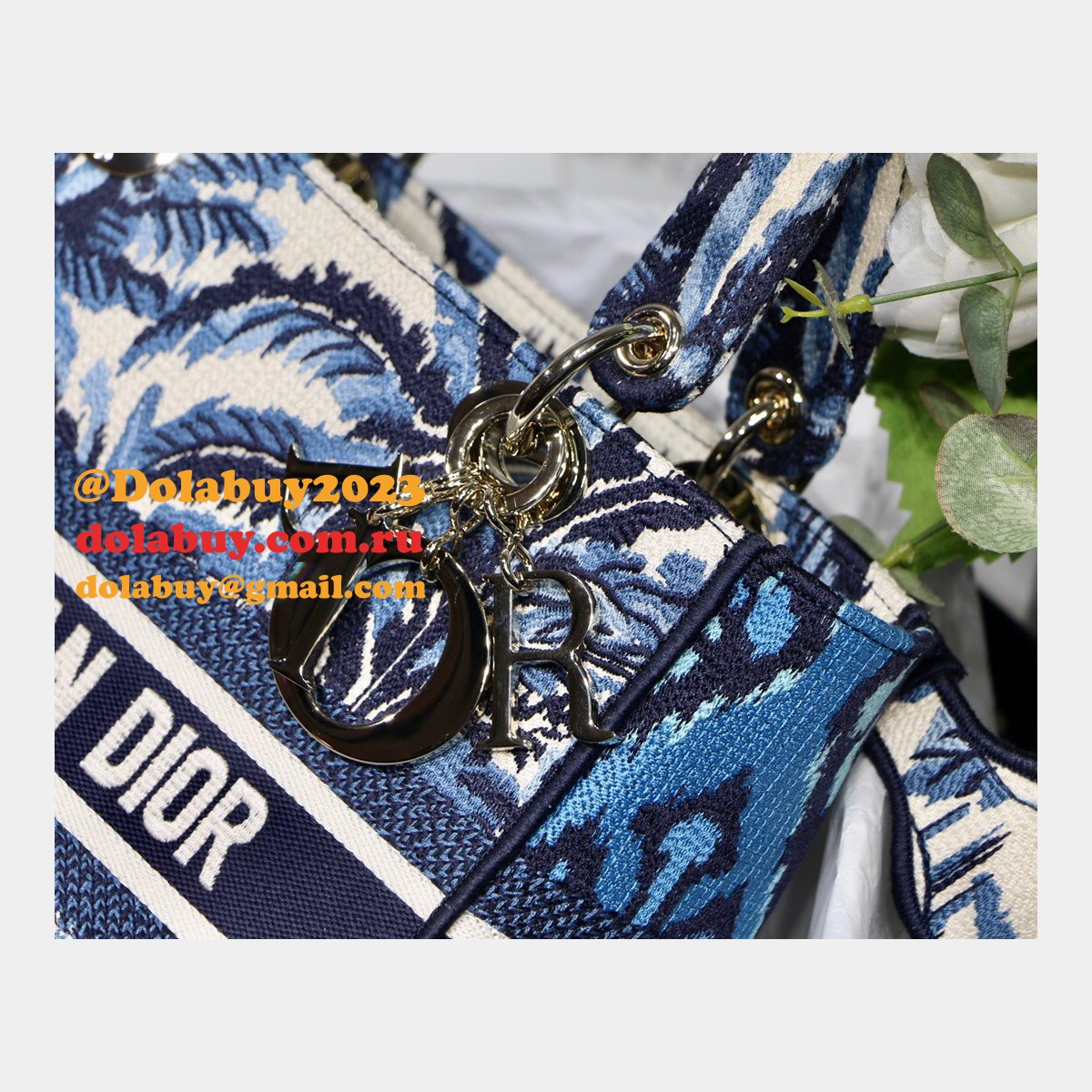 Blue Top QualityLady Dior 24cm Palms Embroidery Lady D-Lite Bags