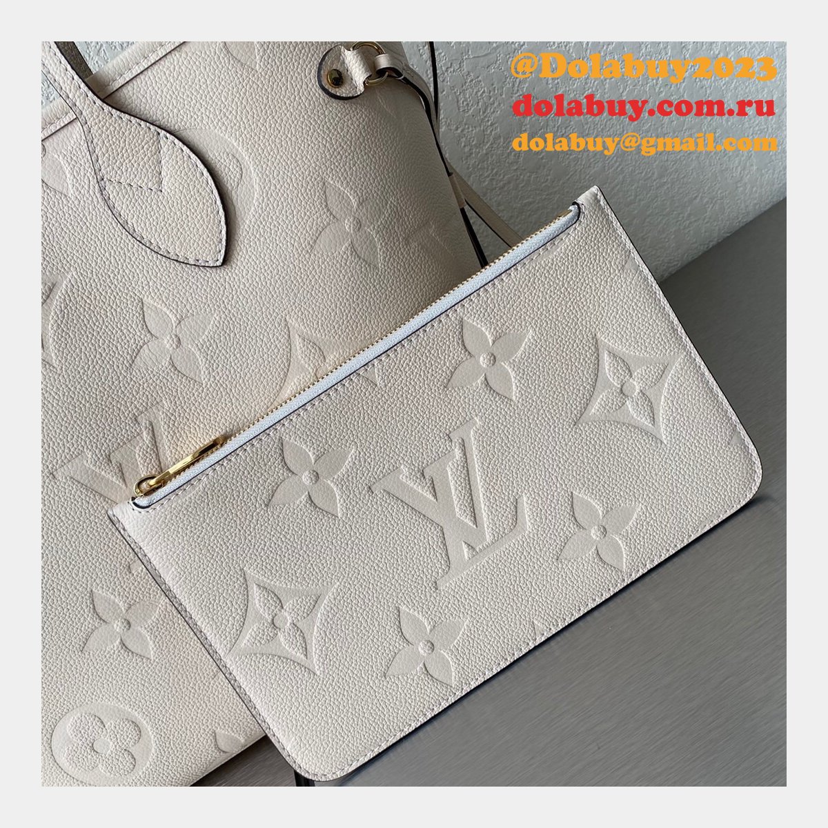 Louis Vuitton M45684 Designer Neverfull MM Monogram Empreinte Leather Cream