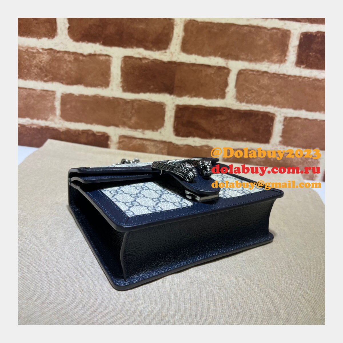 Gucci Fake 421970 GG Supreme Dionysus Mini Bag With dark blue Leather For Sale
