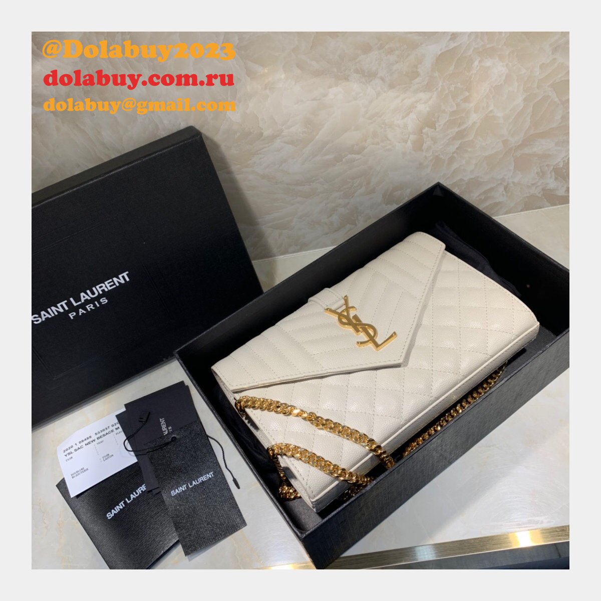 YSL Replica Saint Laurent Envelope Wallet on Chain WOC 620280 White Bag